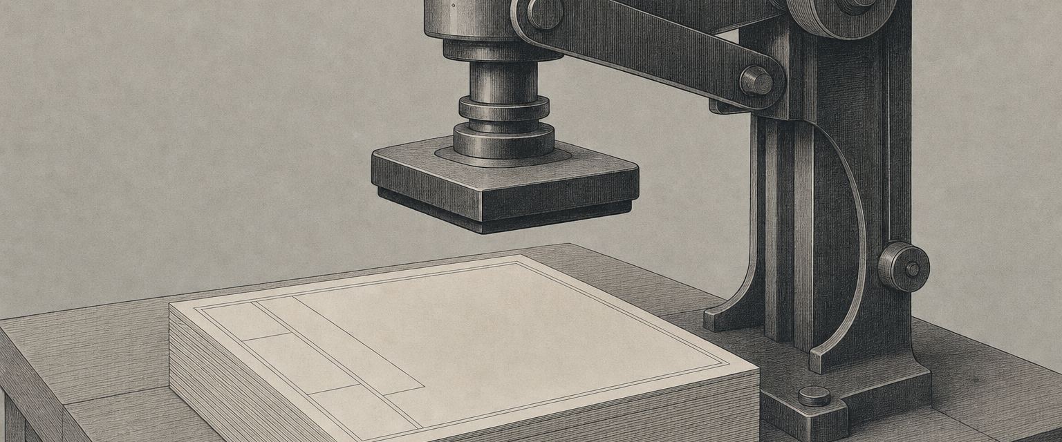 Ein mechanischer Stempelarm über einem Stapel leerer Formulare auf einer Werkbank