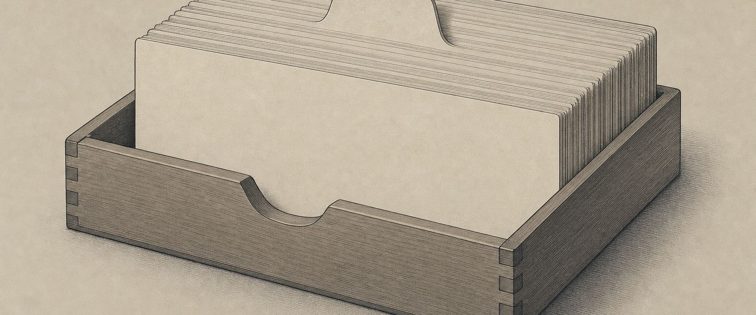 Eine flache Holzschale mit aufrecht stehenden Karteikarten, eine Trennkarte herausgezogen