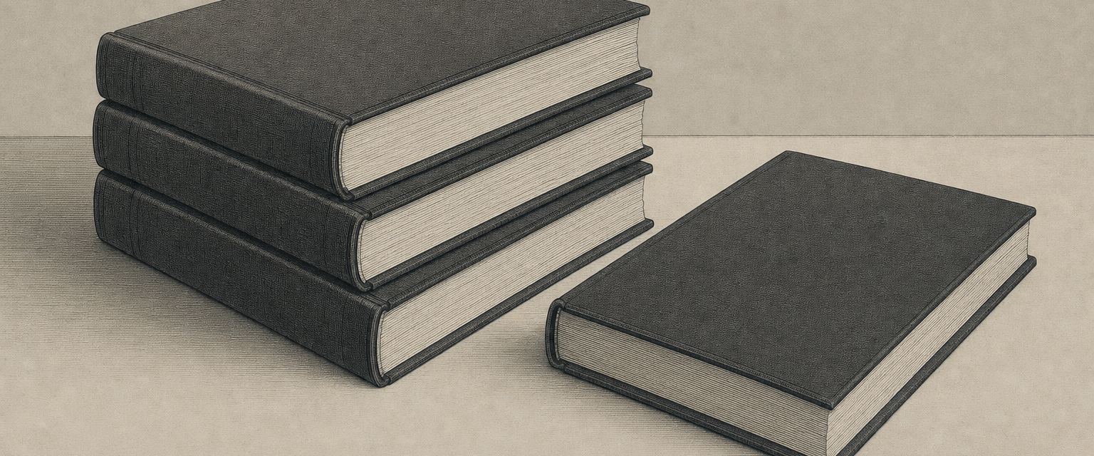 Stapel in dunkles Leinen gebundener Dissertationen neben einem einzeln liegenden Band