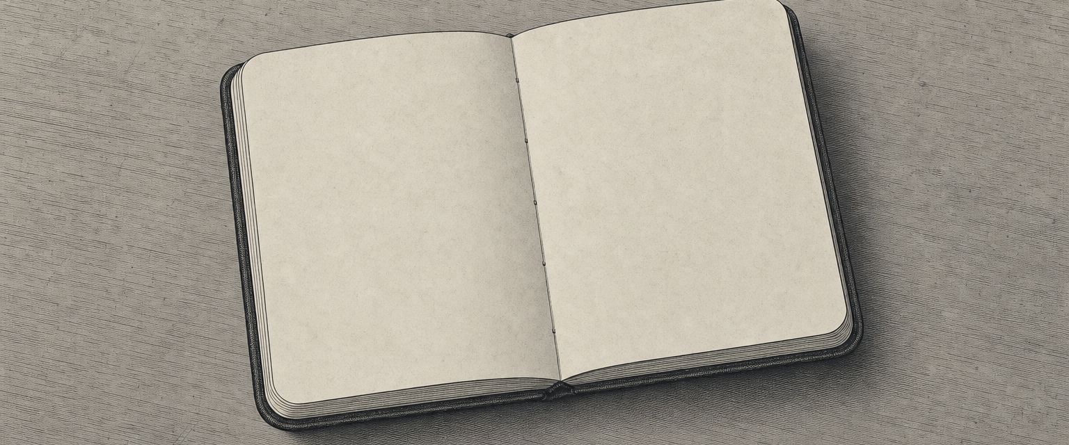 Ein kleines Notizbuch liegt aufgeschlagen auf einem Tisch, beide Seiten leer