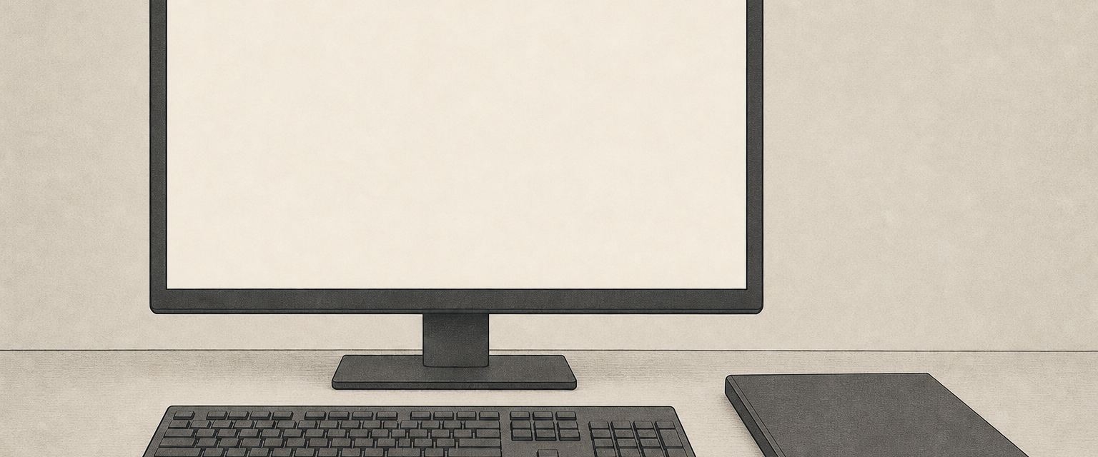 Ein Bildschirm mit leerer Anzeige, davor eine Tastatur, rechts ein geschlossenes Notizbuch