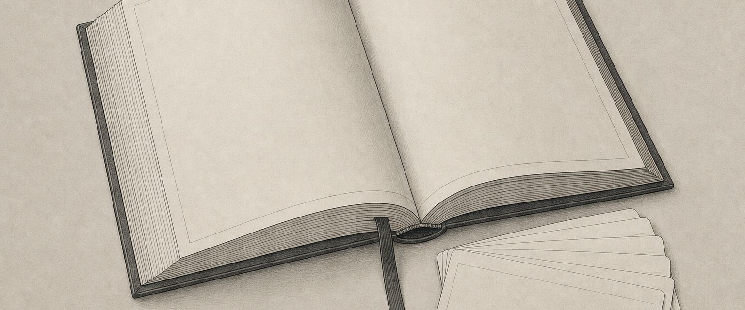 Ein aufgeschlagenes Buch mit leeren Seiten und Leseband, daneben ein Stapel leerer Karteikarten
